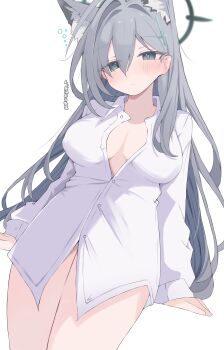 1girl absurdres animal_ear_fluff animal_ears blue_archive blue_eyes blush bottomless breasts breasts_apart closed_mouth commentary cross cross_hair_ornament extra_ears green_halo grey_hair hair_ornament halo highres inverted_cross large_breasts long_hair long_sleeves looking_at_viewer mismatched_pupils naked_shirt nui_(nuinui0300) partially_unbuttoned shiroko_terror_(blue_archive) shirt simple_background solo translation_request very_long_hair white_background white_shirt wolf_ears wolf_girl