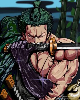 Rule 34 | 1boy, artist name, earrings, facebook logo, facebook username, green hair, highres, holding, holding sword, holding weapon, instagram logo, instagram username, jewelry, katana, law092, looking at viewer, male focus, mouth hold, official alternate hairstyle, one eye closed, one piece, red eyes, roronoa zoro, scar, scar across eye, scar on chest, scar on face, short hair, single earring, smile, solo, sword, teeth, topknot, topless male, watermark, weapon, web address