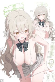 1girl ahoge artist_name bare_shoulders bikini black_bow black_bowtie blue_archive blush bow bowtie breasts brown_hair clothes_lift deyui diagonal-striped_bow diagonal-striped_bowtie diagonal-striped_clothes doodle_sensei_(blue_archive) grey_hair grey_skirt hair_bow hair_over_shoulder halo hanging_breasts heart heart-shaped_pupils highres holding holding_panties holding_underwear holding_unworn_clothes large_breasts long_hair looking_to_the_side micro_bikini miyo_(blue_archive) multicolored_hair multiple_views open_mouth panties panty_pull presenting_removed_panties puffy_nipples sensei_(blue_archive) sideboob simple_background skirt skirt_lift speech_bubble streaked_hair striped_bow striped_bowtie striped_clothes sweatdrop swimsuit symbol-shaped_pupils underwear white_background white_bikini white_bow white_panties yellow_eyes