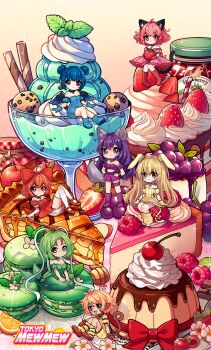 6+girls absurdres ahoge aizawa_mint akai_ringo_(tokyo_mew_mew) animal_ears apple apple_pie bare_shoulders berry bird_girl bird_wings blonde_hair bloomers blue_eyes blue_gloves blue_hair bow breasts cake cat_ears cat_girl cat_tail cherry chibi chocolate chocolate_chip_cookie choker cleavage closed_mouth cookie cream cup dessert double_bun dress elbow_gloves flower fong_pudding food fruit fujiwara_zakuro gloves grapes green_eyes green_hair hair_between_eyes hair_bun hands_on_own_thighs highres holding holding_food holding_fruit ice_cream isosceless jam kneehighs long_hair macaron magical_girl medium_breasts mermaid mew_berry mew_ichigo mew_lettuce mew_mint mew_pudding mew_ringo mew_zakuro midorikawa_lettuce mint momomiya_ichigo monkey_ears monkey_girl monkey_tail monster_girl multiple_girls orange_eyes orange_hair pie pink_eyes pink_gloves pink_hair pudding purple_eyes purple_hair purple_skirt purple_tube_top rabbit_ears rabbit_girl red_bow red_dress seiza shirayuki_berry short_hair sitting skirt socks strapless strapless_dress strawberry strawberry_cake tail tart_(food) thigh_strap tokyo_mew_mew tube_top underwear white_bloomers white_gloves wings wolf_ears wolf_girl wolf_tail yellow_eyes yellow_gloves