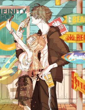 +_+ 1boy 1girl abs black_jacket black_panties black_pants blonde_hair blurry blurry_foreground blush bra bracelet cellphone closed_eyes commentary_request crop_top cup drink drinking_straw eyewear_on_head food from_side front-tie_top green_hair hetero holding holding_drink holding_food holding_ice_cream holding_phone ice_cream jacket jewelry lighter_(zenless_zone_zero) long_hair looking_at_another looking_up luciana_de_montefio nanawo open_mouth panties pants phone polka_dot polka_dot_skirt poster_(object) red_eyes ring round_eyewear scar scar_on_stomach see-through_clothes see-through_skirt shadow short_hair side-tie_panties signpost skirt sunglasses swim_ring underwear unzipped white_bra wristband zenless_zone_zero