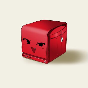 :3 :d backpack bag commentary computer cube english_commentary fang game_console highres looking_at_viewer mesugaki no_humans object_focus open_mouth orenjipiiru push-button randoseru red_bag shirt simple_background smile steam_(platform) steam_machine usb usb_port_(object) valve_corporation white_background