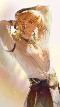Rule 34 | 1boy, absurdres, arm strap, arms up, bishounen, black gloves, blonde hair, commentary, earrings, eyelashes, fingerless gloves, genshin impact, gloves, gold earrings, gold necklace, hair between eyes, highres, jewelry, kaveh (genshin impact), leather strap, looking at viewer, male focus, medium hair, mouth hold, necklace, oyakorodesu, pectoral cleavage, pectorals, red eyes, shirt, solo, teeth hold, untying hair, white shirt