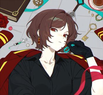 bite_mark black_gloves black_shirt bob_cut book bracelet brown_hair candy coat coat_on_shoulders collarbone cup dagger earrings expressionless flower food gears gem gloves hair_tie highres holding holding_hair_tie jewelry key knife limbus_company lollipop looking_at_viewer lying moony_(past_desiderium) oc_x_canon on_back on_floor pale_skin past_desiderium pearl_(gemstone) project_moon rectangular_earrings red_flower red_rose ribbon rose shirt teacup weapon