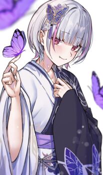 Rule 34 | 1girl, alternate costume, asumi sena, blush, bug, butterfly, closed mouth, commentary, fang, grey hair, hair ornament, highres, insect, japanese clothes, kimono, looking at viewer, multicolored hair, pink eyes, pink hair, ringozeri, solo, streaked hair, two-tone hair, virtual youtuber, vspo!, white background