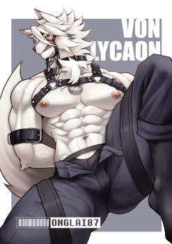 1boy abs absurdres animal_ear_fluff animal_ears arm_belt arms_behind_back artist_name bara barcode bicep_strap biceps black_choker black_male_underwear black_pants black_pantyhose border bulge character_name chest_harness chinese_commentary choker clenched_teeth colored_skin commentary_request dark_nipples drooling furry furry_male glaring grey_background harness highres large_pectorals leg_up looking_at_viewer male_focus male_underwear muscular muscular_male muzzle_(mask) navel nipples no_shoes o-ring onglai87 open_pants outside_border paid_reward_available pants pants_rolled_up pantyhose pectorals profile red_eyes saliva sharp_teeth short_hair simple_background sitting snout solo spread_legs teeth topless_male turning_head underwear v-shaped_eyebrows variant_set veins veiny_arms von_lycaon white_border white_fur white_hair white_skin white_tail wolf_boy wolf_ears zenless_zone_zero