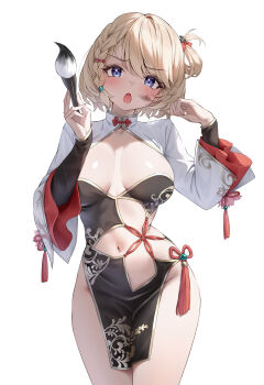 Rule 34 | 1girl, absurdres, azur lane, blonde hair, blue eyes, blush, bob cut, braid, braided bangs, breasts, calligraphy brush, china dress, chinese clothes, classic (zildjian33), cleavage, commentary request, cowboy shot, dress, floral print, floral print dress, gold trim, highres, holding, holding calligraphy brush, holding paintbrush, ink on face, large breasts, long sleeves, looking at viewer, navel, official alternate costume, official alternate hairstyle, open mouth, paintbrush, pelvic curtain, print dress, shrug (clothing), side braid, simple background, single braid, solo, thighs, white background, white shrug, z23 (azur lane), z23 (inky antics) (azur lane)