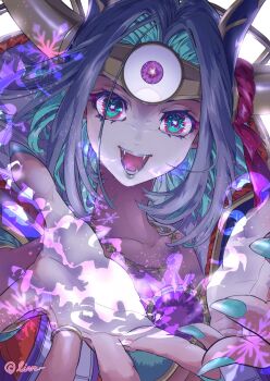 Rule 34 | 1girl, alternate skin color, aqua eyes, aqua hair, aqua nails, blue hair, commentary request, dragon quest, dragon quest iii, fake horns, fangs, fingernails, forehead protector, gem, genderswap, genderswap (mtf), gold ring, green eyes, grey hair, highres, horns, jewelry, looking at viewer, magic, monster girl, multicolored eyes, multicolored hair, necklace, open mouth, parted hair, purple eyes, purple gem, red eyes, ring, sharp fingernails, shey93735903, snowflakes, solo, triclops, upper body, white background, zoma