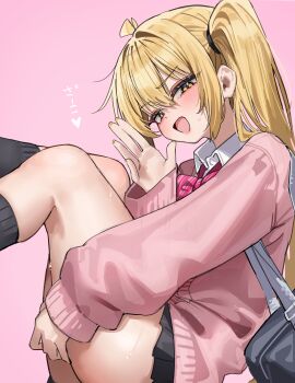 1girl absurdres akita_neru ass bag bare_legs black_skirt black_socks blonde_hair blush bow bowtie cardigan commentary diagonal-striped_bow diagonal-striped_bowtie diagonal-striped_clothes feet_out_of_frame fingernails green_tea_(matchaistasty) gyaru highres kogal legs_up long_hair long_sleeves looking_at_viewer miniskirt pink_background pink_bow pink_bowtie pink_cardigan pleated_skirt school_bag school_uniform side_ponytail simple_background skirt smile socks solo striped_bow striped_bowtie striped_clothes very_long_hair vocaloid