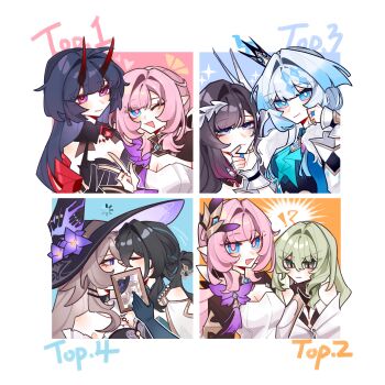 !? 6+girls ;o absurdres aqua_gem black_dress black_hair black_shrug blue_background blue_dress blue_eyes blue_hair border breasts brown_hair cerydra_(honkai:_star_rail) chinese_commentary cleavage coat commentary_request corset crown dreaming-of-flying-free dress elf elysia_(honkai_impact) elysia_(miss_pink_elf)_(honkai_impact) gem green_hair hair_intakes hair_ornament hand_on_another's_chin hat herta_(honkai:_star_rail) highres holding_portrait honkai:_star_rail honkai_(series) honkai_impact_3rd horns hysilens_(honkai:_star_rail) implied_kiss jewelry large_breasts loading_icon long_hair looking_at_breasts looking_at_viewer mobius_(honkai_impact) multiple_girls multiple_views necklace one_eye_closed orange_background pearl_necklace pink_background pink_hair pointy_ears purple_eyes purple_hair raiden_mei red_horns ring ruan_mei_(honkai:_star_rail) shrug_(clothing) slit_pupils small_breasts smile the_herta_(honkai:_star_rail) upper_body v very_long_hair white_background white_border white_coat white_corset witch_hat yuri