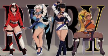 4girls absurdres alternate_costume black_hair blake_belladonna blonde_hair blue_eyes breasts high_heels highres idol large_breasts long_hair looking_at_viewer makeup mature_female mechanical_arms multicolored_hair multiple_girls ruby_rose rwby shadowboxer short_hair underboob weiss_schnee white_hair yang_xiao_long yellow_eyes