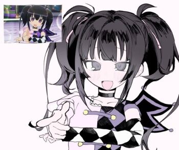 1girl :d black_choker black_hair chikuwa_(tikuwa_primagi) choker derivative_work fake_wings hands_up idol_clothes kurisu_kaname long_hair long_sleeves looking_at_viewer multicolored_shirt open_mouth pointing pointing_at_viewer pretty_rhythm pretty_rhythm_aurora_dream pretty_series purple_eyes reference_inset screenshot_redraw smile solo twintails upper_body wings