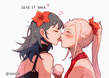 Rule 34 | 2girls, alternate costume, alternate hairstyle, anger vein, angry, artist name, bare back, bikini, black bikini, blonde hair, blue eyes, blush, bow, commentary, couple, eating, edelgard von hresvelg, edelgard von hresvelg (summer), embarrassed, english commentary, english text, female byleth (fire emblem), female byleth (summer) (fire emblem), fire emblem, fire emblem: three houses, fire emblem heroes, flower, food, french kiss, from side, green hair, hair between eyes, hair bow, hair flower, hair ornament, high ponytail, highres, holding, holding food, holding ice cream, ice cream, kiss, leaning forward, licking, long hair, looking at food, looking down, multiple girls, nintendo, oastlv, ponytail, purple eyes, red bikini, red flower, shade, surprised, sweat, swimsuit, tongue, tongue out, twitter username, upper body, wavy hair, wet, white background, wide-eyed, yuri