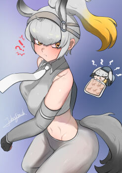 !? 1girl ^^^ alternate_costume alternate_hairstyle alternate_species animal_ears bare_shoulders black_gloves breasts chibi closed_eyes closed_mouth clothing_cutout commentary_request cropped_shirt crotch_seam detached_sleeves dreaming extra_ears fingerless_gloves gloves grey_hair grey_necktie grey_pants grey_shirt grey_sleeves hair_between_eyes head_wings high_ponytail highres hip_bones horizontal_pupils horse_ears horse_girl horse_tail john_(a2556349) kemono_friends large_breasts long_hair multicolored_hair multiple_views navel necktie orange_eyes orange_hair pants ponytail shirt shoebill_(kemono_friends) short_eyebrows side_ponytail sleeping sleeveless sleeveless_shirt sportswear stomach sweat tail tail_through_clothes tight_clothes tight_pants toned toned_female under_covers wings yoga_pants