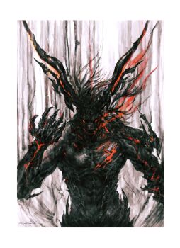 absurdres black_hair border breath claws commentary_request demon_boy fangs final_fantasy final_fantasy_xvi glowing glowing_eyes highres horns ifrit_(final_fantasy) looking_at_viewer magic:_the_gathering official_art red_eyes shoulder_spikes spiked_arm spikes takahashi_kazuya upper_body white_border