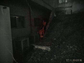 absurdres blood blood_on_wall cryptid cthulhu_mythos dated eldritch_abomination film_grain highres horror_(theme) huge_filesize jaehyeon_lee looking_at_viewer monster no_humans original parted_lips photo_(object) red_eyes rubble squatting teeth timestamp