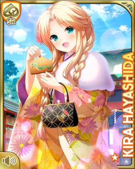 Rule 34 | 1girl, :d, alternate hairstyle, blonde hair, braid, braided bangs, card (medium), day, fur trim, girlfriend (kari), green eyes, hayashida kira, japanese clothes, kimono, long hair, official art, open mouth, orange kimono, outdoors, qp:flapper, smile, solo, white legwear