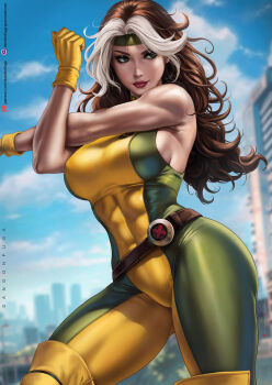 1girl artist_name bare_shoulders bodysuit breasts brown_hair closed_mouth covered_abs dandon_fuga exercising green_bodysuit green_eyes green_headband headband large_breasts long_hair marvel multicolored_bodysuit multicolored_hair outdoors realistic rogue_(x-men) solo superhero_costume toned toned_female two-tone_bodysuit two-tone_hair watermark web_address white_hair x-men yellow_bodysuit