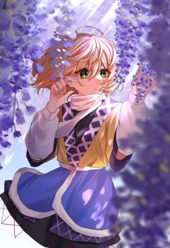 1girl arm_warmers blonde_hair blurry brown_shirt commentary depth_of_field flower flower_request green_eyes highres izumi_no_yasushi_aya mizuhashi_parsee pointy_ears purple_flower purple_skirt scarf shirt skirt solo touhou white_scarf