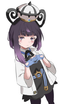 1girl belt black_hair black_pantyhose black_ribbon blue_belt blue_gloves blunt_bangs blush closed_mouth commentary dress eyelashes gloves grey_eyes gwynn_(pokemon) hands_up hat head_tilt highres interlocked_fingers jacket long_hair looking_at_viewer nanakane neck_ribbon nintendo open_clothes open_jacket own_hands_together pantyhose pokemon pokemon_legends:_z-a ribbon simple_background solo white_background white_jacket