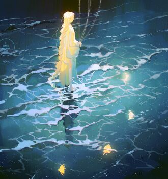 1girl artist_logo backlighting bag barefoot beach blonde_hair blunt_bangs braid braided_ponytail caustics chromatic_aberration closed_mouth commentary crescent_moon english_commentary eyelashes fantasy foam full_body full_moon half_moon high_contrast holding holding_string light_particles logo loika looking_afar moon moon_phases moonlight new_moon nightgown ocean original reflection reflective_floor shadow shore shoulder_bag single_braid solo standing string turning_head wading water waves white_bag white_nightgown yellow_eyes