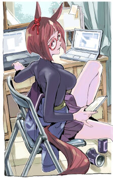 1girl animal_ears bare_legs beer_can black_shirt black_skirt bob_cut border bow breasts brown_hair can cellphone chair clothes_around_waist commentary computer curtains drink_can ear_ribbon folding_chair glasses highres holding holding_phone horse_ears horse_girl horse_tail indoors inverted_bob jacket jacket_around_waist laptop large_breasts looking_at_viewer looking_to_the_side miniskirt multicolored_hair nobita_(makoto7060355) on_chair parted_lips phone red-framed_eyewear red_eyes red_ribbon ribbon shirt sitting skin_tight skirt smartphone smile solo streaked_hair tail tight_clothes tight_shirt transcend_(umamusume) two-tone_hair umamusume white_border white_streaks window