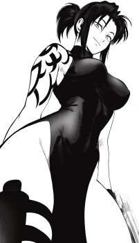 1girl absurdres arm_behind_back arm_tattoo black_lagoon breasts closed_mouth commentary cowboy_shot dress english_commentary from_below greyscale gun handgun highres holding holding_gun holding_weapon holster large_breasts looking_at_viewer looking_down monochrome mostlybluewyatt pelvic_curtain ponytail revy_(black_lagoon) short_ponytail shoulder_tattoo signature simple_background sleeveless sleeveless_dress smile solo standing tattoo thigh_holster thigh_strap tribal_tattoo weapon