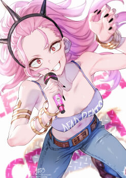 Rule 34 | 1girl, absurdres, alternate costume, armlet, belt, black belt, black hairband, black nails, blue pants, boots, bracelet, breasts, cleavage, denim, hairband, highres, holding, hololive, hololive english, jeans, jewelry, kamiya maneki, large breasts, let's just crash (gachiakuta), long hair, looking at viewer, medium breasts, mori calliope, multiple bracelets, navel, official alternate costume, pants, pink eyes, pink hair, pink tank top, purple tank top, red eyes, red nails, sharp teeth, simple background, smile, solo, spiked hairband, spikes, standing, stitched face, stitches, tank top, teeth, torn clothes, torn jeans, torn pants, virtual youtuber, white background