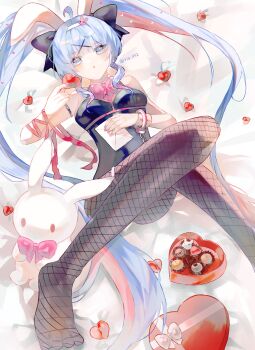 Rule 34 | 1girl, ahoge, animal ears, aqua eyes, aqua hair, black leotard, bow, breasts, card, closed mouth, commentary, fake animal ears, fingernails, fishnet pantyhose, fishnets, gradient hair, hatsune miku, high heels, highres, korean commentary, leotard, looking at viewer, lying, medium breasts, multicolored hair, nail polish, o-ring, o-ring thigh strap, on back, pantyhose, pink bow, pink hair, pink nails, pink ribbon, playboy bunny, rabbit hole (vocaloid), ria (ria tt2), ribbon, solo, thigh strap, vocaloid, wrist ribbon