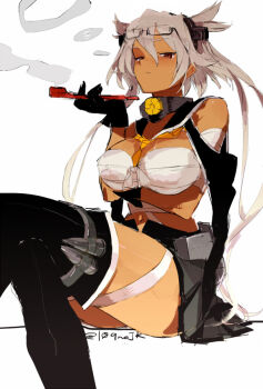 1girl arm_under_breasts bad_id bandaged_arm bandaged_leg bandages black_gloves black_thighhighs breasts budget_sarashi chest_sarashi crossed_legs dark-skinned_female dark_skin eyewear_on_head glasses gloves grey_hair grey_skirt hageshii_nakano hair_between_eyes headgear holding holding_smoking_pipe kantai_collection large_breasts long_hair looking_at_viewer miniskirt musashi_(kancolle) neckerchief neckerchief_between_breasts orange_neckerchief pleated_skirt red_eyes sarashi simple_background sitting skirt smoke smoking smoking_pipe solo thighhighs twintails twitter_username white_background