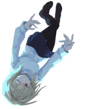 1girl arcueid_brunestud blonde_hair commentary full_body highres long_sleeves looking_at_viewer red_eyes same_ringo3 short_hair skirt solo sweater symbol-only_commentary tsukihime tsukihime_(remake) turtleneck turtleneck_sweater upside-down white_background white_sweater