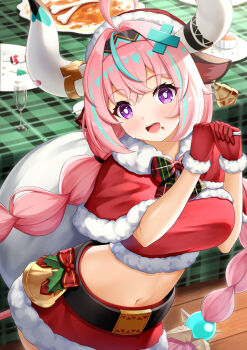 1girl 7fuji_06 ahoge aqua_hair blush bow bowtie braid breasts capelet christmas commentary_request cow_girl cow_horns crop_top cup drinking_glass fur-trimmed_capelet fur-trimmed_gloves fur-trimmed_headwear fur-trimmed_shirt fur-trimmed_skirt fur_trim genshin_impact gloves hair_between_eyes highres holding holding_sack horns large_breasts long_hair looking_at_viewer low-tied_long_hair midriff navel open_mouth pink_hair plaid_bow plaid_bowtie plaid_clothes purple_eyes red_bow red_bowtie red_capelet red_gloves red_shirt red_skirt sack santa_costume shirt skirt smile stomach twin_braids varesa_(genshin_impact) wine_glass