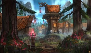 architecture aurora building bush european_architecture fantasy forest grass highres house leaf mountainous_horizon mushroom nature no_humans original outdoors path plant red_fire road rock rooftop scenery sky tree village waltjan window