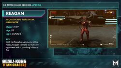 1girl 3d aiming aiming_at_viewer animated audible_music blue_eyes character_name character_profile cross_promotion crossover english_text fire firing flamethrower godzilla_(series) godzilla_x_kong:_the_new_empire godzilla_x_kong:_titan_chasers gun highres hunted_cow_studios king_kong_(series) legendary_pictures mohawk monsterverse official_art orange_hair promotional_art reagan_(godzilla_x_kong:_titan_chasers) recording smoke sound tie-in tilting_point_llc video video_game weapon