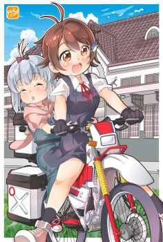 2girls :d :o airi_(shuumatsu_touring) black_gloves black_overalls blue_overalls blue_sky blush bow brown_bow brown_eyes brown_hair building closed_eyes cloud day gloves grey_hair highres medium_hair motor_vehicle motorcycle multiple_girls on_motorcycle open_mouth outdoors overall_skirt overalls pink_sweater shirt shoes short_hair shuumatsu_touring sidelocks sky smile sneakers sweater takecho upper_body white_shirt youko_(shuumatsu_touring)