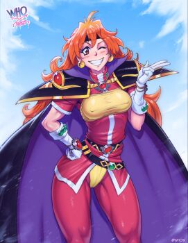 1girl artist_name brown_eyes cape day gloves grin highres lina_inverse long_hair looking_at_viewer one_eye_closed orange_hair outdoors pants pink_pants purple_cape slayers smile solo white_gloves whox