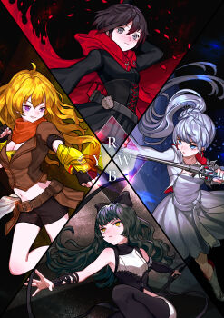 4girls ahoge arm_behind_head arm_ribbon bare_legs belt belt_bag belt_buckle black_background black_bow black_dress black_gloves black_hair black_pantyhose black_ribbon black_shirt black_shorts black_sleeves blake_belladonna blonde_hair blue_eyes boots bow bracer brown_bag brown_belt brown_hair brown_jacket buckle buttons clenched_hands cloak closed_mouth clothing_cutout collarbone collared_jacket colored_skin colored_tips copyright_name cowboy_shot cropped_jacket cross-laced_clothes cross-laced_dress detached_sleeves determined dress fighting_stance fingerless_gloves floating_hair flower gloves grey_belt grey_eyes grin hair_bow high_side_ponytail highres holding holding_sword holding_weapon holding_whip holster hood hood_down hooded_cloak jacket knee_boots knees lapels light_frown light_smile long_hair long_sleeves midriff miniskirt multicolored_hair multicolored_skin multiple_girls navel open_clothes open_jacket orange_scarf outstretched_arm pantyhose parted_lips peaked_lapels petals pleated_skirt puffy_short_sleeves puffy_sleeves purple_eyes rapier red_cloak red_hair ribbon rose rose_petals ruby_rose rwby sash scarf shirt short_dress short_hair short_shorts short_sleeves shorts single_detached_sleeve skirt sleeveless sleeveless_shirt smile squatting stomach_cutout sword takenoko_(531) torn_cloak torn_clothes turtleneck turtleneck_shirt two-sided_fabric two-sided_jacket two-tone_skin v-shaped_eyebrows waist_sash wavy_hair weapon weiss_schnee white_dress white_flower white_footwear white_hair white_jacket white_rose white_sash white_shirt white_skirt yang_xiao_long yellow_eyes yellow_shirt