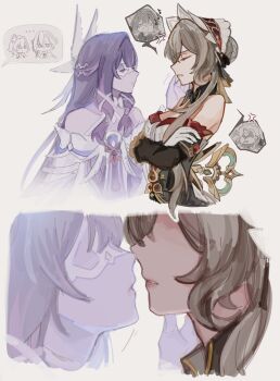 2girls anger_vein arlecchino_(genshin_impact) bare_shoulders black_dress character_request closed_eyes columbina_(genshin_impact) commentary dress eighth_note eni_(enidaisy69) genshin_impact gloves hand_on_another&#039;s_face hashtag-only_commentary highres imminent_kiss long_hair looking_at_another lumine_(genshin_impact) multiple_girls musical_note off-shoulder_dress off_shoulder parted_lips sandrone_(genshin_impact) spoken_character white_dress white_gloves yuri