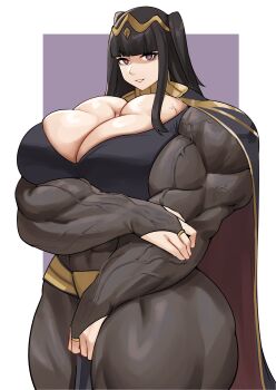 Rule 34 | 1girl, absurdres, biceps, black hair, bodystocking, breasts, cape, cleavage, fire emblem, fire emblem awakening, hair ornament, highres, huge breasts, jewelry, long hair, musctonk, muscular, muscular arms, muscular female, muscular legs, nintendo, oversized forearms, oversized limbs, ring, solo, tharja (fire emblem), thighs