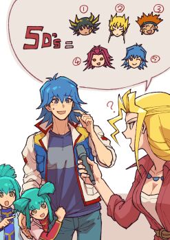 3girls 6+boys :o ? absurdres angela_(yu-gi-oh!) bead_necklace beads belt black_hair blonde_hair blue_eyes blue_hair blue_hairband blue_pants blue_shirt breasts brown_eyes bruno_(yu-gi-oh!) chibi chibi_inset child cleavage closed_eyes crow_hogan denim earrings expressionless facial_mark floating_earrings fudo_yusei green_eyes green_hair hairband hand_on_another's_back happy high_collar high_ponytail highres holding holding_microphone interview izayoi_aki jack_atlas jacket jeans jewelry layered_sleeves long_sleeves lua_(yu-gi-oh!) luca_(yu-gi-oh!) medium_breasts microphone multicolored_hair multiple_boys multiple_girls necklace numbered one_eye_closed open_clothes open_jacket open_mouth orange_hair pants pointing pointing_at_another pointing_at_self ponytail red_eyes red_hair red_jacket red_shirt reporter ringlets serious shirt short_hair short_twintails sidelocks simple_background sleeves_rolled_up smile speech_bubble spiked_hair streaked_hair sweatdrop t-shirt twintails two-tone_background white_jacket white_shirt youko-shima yu-gi-oh! yu-gi-oh!_5d's