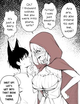 1boy 1girl absurdres age_difference animal_ears armpits blush breasts cloak clover_dot_(clov_erd) commentary english_commentary english_text female_pervert hand_on_another&#039;s_chin hand_on_own_hip highres large_breasts little_red_riding_hood_(fairy_tale) little_red_riding_hood_(fairy_tale_character) looking_at_another monochrome nervous_sweating nose_blush onee-shota pervert red_cloak red_hood role_reversal shirt short_hair spot_color sweat wolf_ears