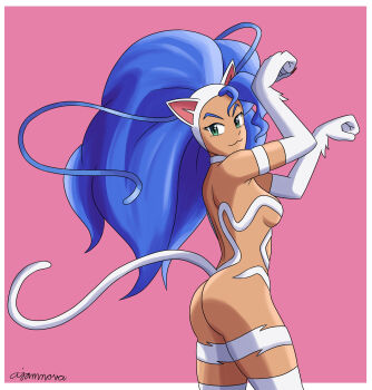 1girl :3 ajamnova animal_ears animal_hands ass bare_shoulders blue_hair breasts cat_ears cat_girl cat_tail dark-skinned_female dark_skin darkstalkers felicia_(darkstalkers) from_behind green_eyes long_hair looking_back medium_breasts tail very_long_hair