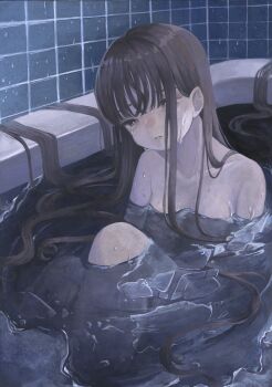 1girl absurdres bathtub brown_hair collarbone commentary_request completely_nude crying crying_with_eyes_open hair_flowing_over highres in_bathtub long_hair monou_pico nude original solo tears tile_wall tiles very_long_hair