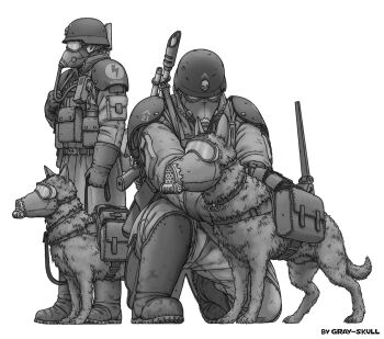 Rule 34 | 2boys, armageddon steel legion, astra militarum, boots, coat, commentary, dog, english commentary, explosive, gas mask, goggles, goggles on headwear, gray-skull, gun, gun on back, helmet, highres, holding, holding leash, lasgun, leash, mask, military uniform, monochrome, multiple boys, pouch, soldier, trench coat, warhammer 40k, weapon, weapon on back