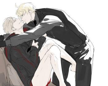 Rule 34 | 2boys, ahoge, aqua eyes, arthur pendragon (fate), arthur pendragon alter (fate), barefoot, belt, black belt, black gloves, black hoodie, black necktie, black pants, black vest, blonde hair, buttons, chair, closed mouth, cowboy shot, dual persona, fate/grand order, fate (series), formal clothes, gloves, grey shirt, hair between eyes, hood, hoodie, long sleeves, looking at another, male focus, male underwear, multiple boys, necktie, on chair, pants, pillow, pvc parfait, red male underwear, selfcest, shirt, short hair, simple background, sitting, smile, standing, teeth, underwear, v-shaped eyebrows, vest, white background, yaoi, yellow eyes