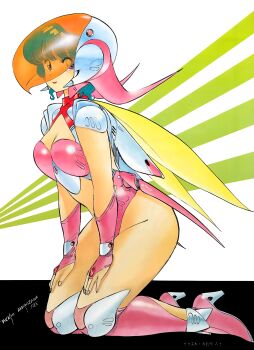 1980s_(style) 1girl akaishizawa_takashi aqua_hair artist_name blue_eyes boots breasts cleavage full_body hands_on_own_thighs helmet high_heels highres knee_boots kneeling leotard miss_ayumi non-web_source oldschool pink_boots pink_leotard project_a-ko retro_artstyle short_hair smile solo wings