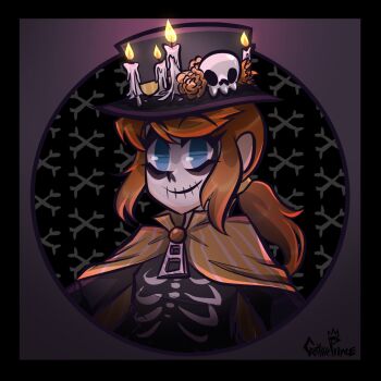 1girl a-pose a_hat_in_time alternate_costume artist_name black_background black_border black_hat black_shirt blue_eyes bone bone_print border brown_hair candle candle_wax cape child closed_mouth commentary dia_de_muertos english_commentary eyelashes facepaint fire flower gothiccprince hair_tie hat hat_flower hat_kid hat_ornament highres long_hair long_sleeves looking_at_viewer ponytail profile_picture purple_border red_flower ribbon ribs round_border shirt sidelocks skeleton_costume skeleton_print skull_hat_ornament smile solo spine striped_ribbon top_hat upper_body vertical-striped_cape white_cape white_facepaint x_(symbol) yellow_cape zipper_pull_tab