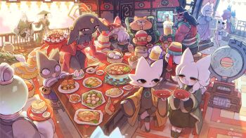 alcohol banquet beer blush cat_boy cat_girl character_request chien_(nine_sols) closed_eyes eating everyone eyeball fang fish_(food) food furry fuxi_(nine_sols) goumang_(nine_sols) grey_fur heng_(nine_sols) highres ji_(nine_sols) jiequan_(nine_sols) kuafu_(nine_sols) lady_ethereal lear_(nine_sols) looking_at_another nine_sols nuwa_(nine_sols) open_mouth purple_eyes rikose robe robot shanhai_9000_(nine_sols) shennong_(nine_sols) shuanshuan_(nine_sols) smile steamed_bun sunlight white_fur yanlao_(nine_sols) yi_(nine_sols)