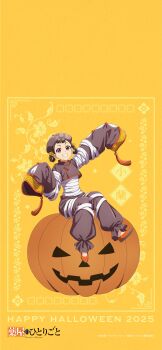 2025 absurdres bandaged_torso brown_hair full_body halloween highres jack-o&#039;-lantern jiangshi kusuriya_no_hitorigoto long_sleeves looking_at_viewer mummy_costume official_art orange_shoes shoes sitting xiaolan_(kusuriya_no_hitorigoto) yellow_background