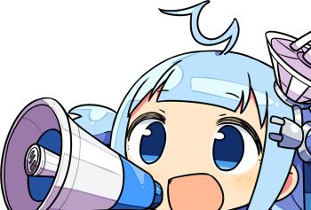 1girl :d ahoge athena_(dlsite) blue_eyes blue_hair dlsite.com highres long_hair megaphone open_mouth satellite_dish smile solo two_side_up upper_body